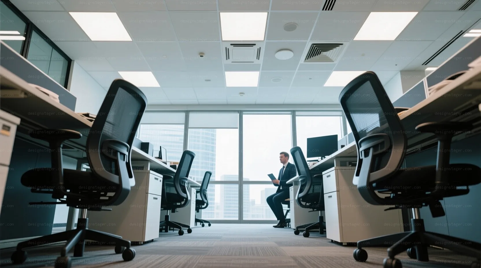 Modern office interior with workstations and lone businessman using tablet