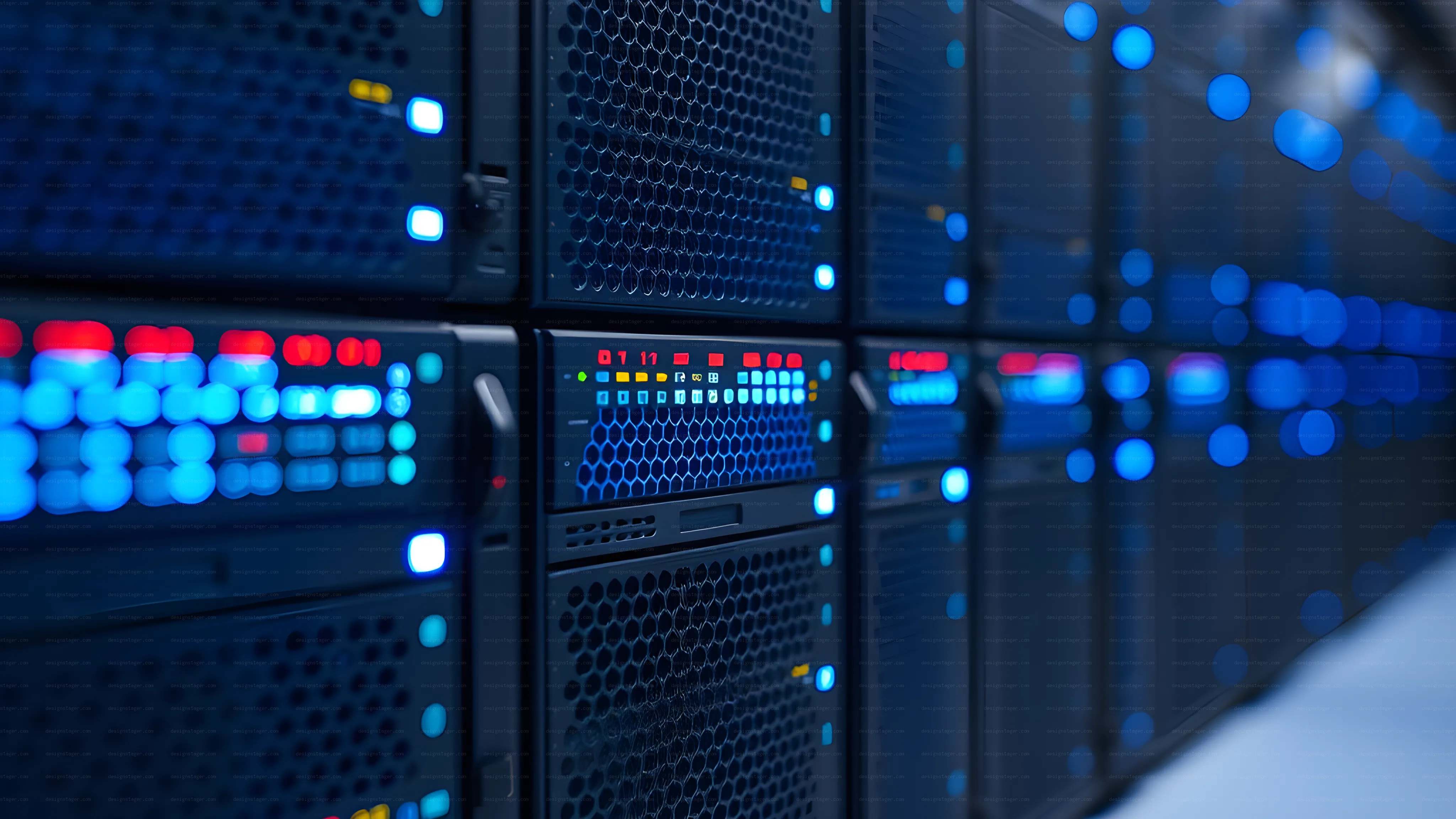 Data server racks with blue lights technology background