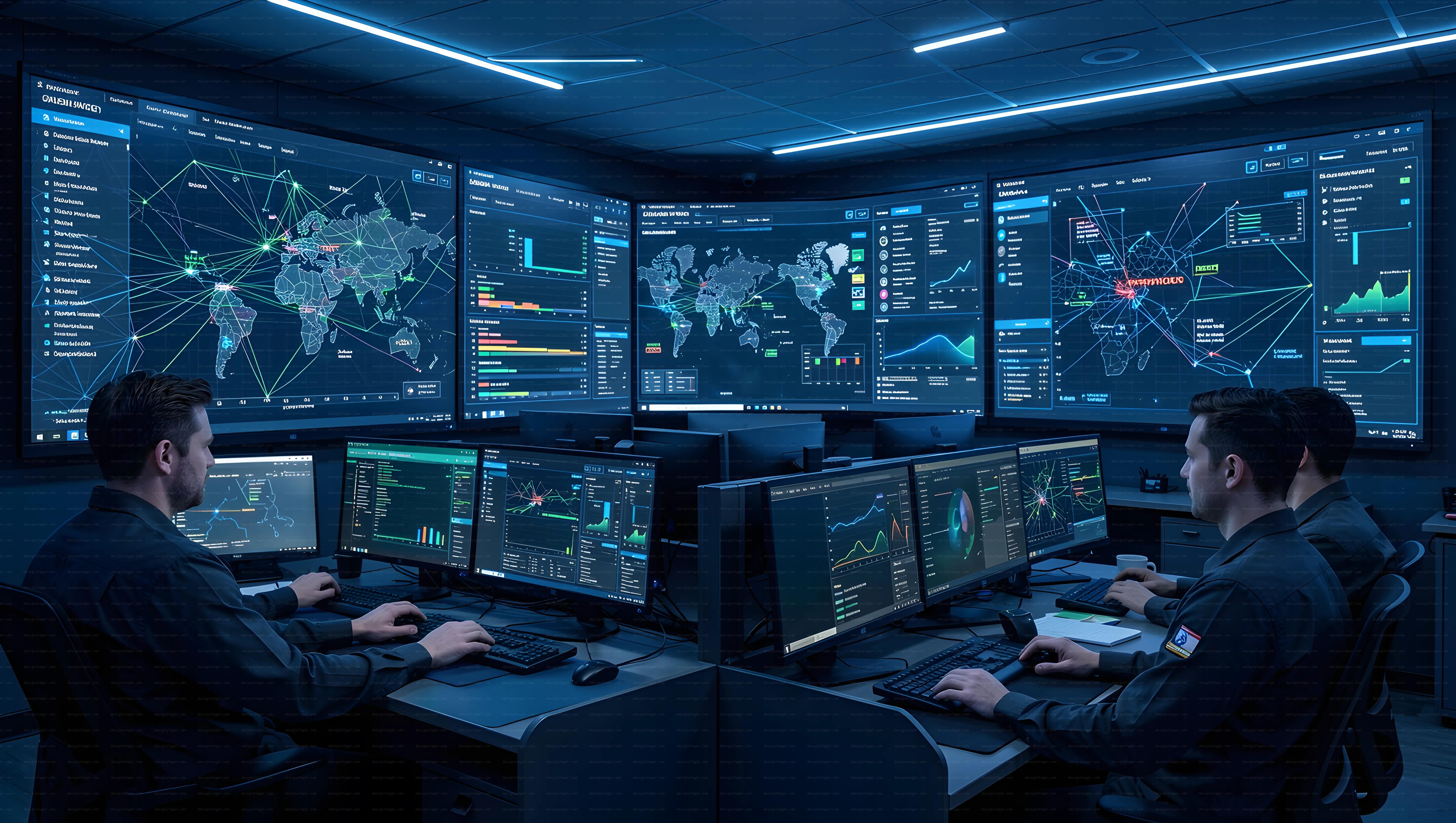 Marketplace Data center security operations analysts monitoring global network data