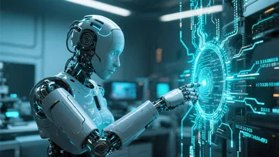 AI Robot Interacting with Digital Interface Weave
