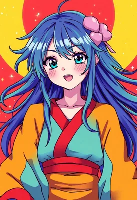Anime Girl Blue Hair Kimono