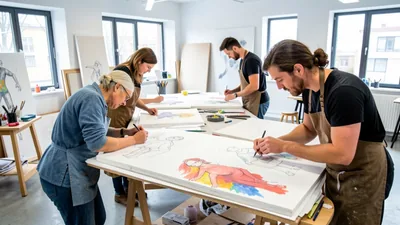 Blog Creative Studio with Artists Sketching on Canvas