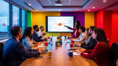 Blog Dramatic Colourful Conference Room with Presenter
