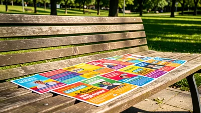 Blog Sunlit Park Bench with Colorful Flyers Scattered