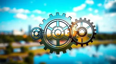 Blue Gold Silver Gears Over Lake Cityscape