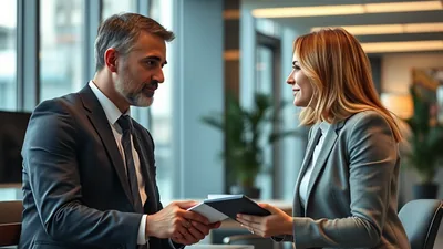 Businessman and Businesswoman Exchanging Tablet