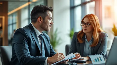 Businessman and Businesswoman Reviewing Charts
