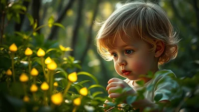 Child in Red Top Holding Glowing Bud