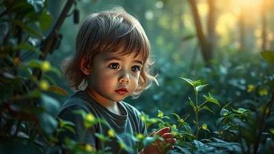 Child Reaching for Green Forest Leaves