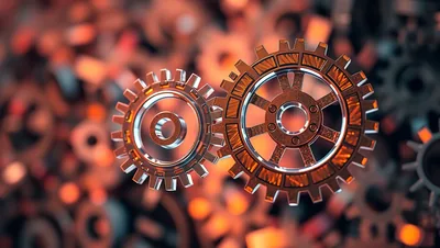 Chrome Copper Gears Meshing Orange Bokeh