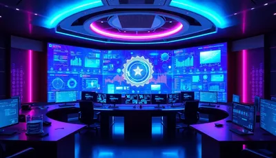 Circular Control Room Blue Pink Screens