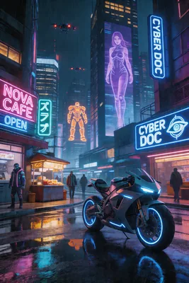 Cyberpunk Neon City Street with Motorcycle