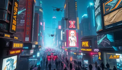 Cyberpunk Street Neon Signs Flying Drones