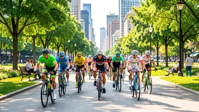 Cyclists Riding Through City Park Path