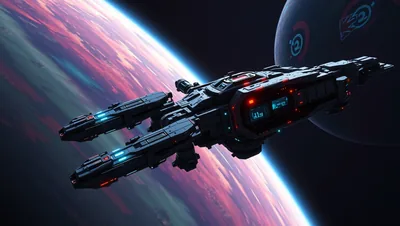 Dark Spaceship Orbiting Red Planet