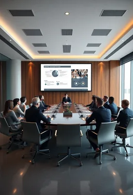 Executives Presenting in Wood Panel Boardroom