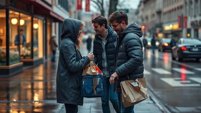 Friends Sharing Shopping Bags Rainy Street