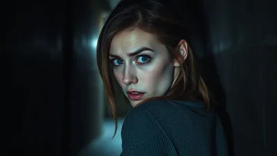 Frightened Woman Looking Over