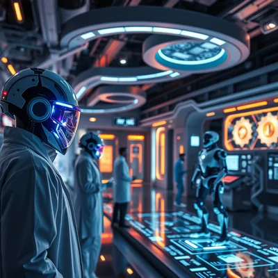 Futuristic Lab Workers with Humanoid Robot