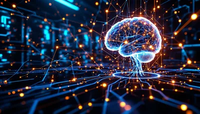 Glowing Blue Brain Hologram Orange Nodes