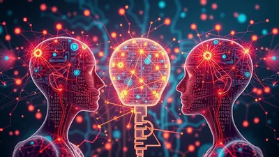 Glowing Key Shaped Mind Between AI Heads