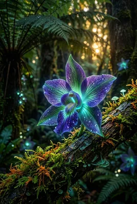 Glowing Purple Orchid in Misty Jungle
