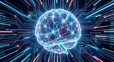 Glowing Wireframe Brain Circuit Rays