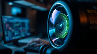 Green Iris Lens with Financial Charts Monitor