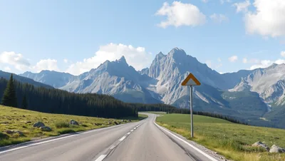 Mountain road journey scenic landscape with clear sky and green fields
