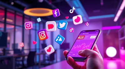 Hand Holding Phone Social Media Icons Floating