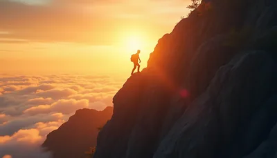 Hiker Silhouette Descending Cliff at Sunset