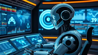 Humanoid Robot at Control Room Monitors