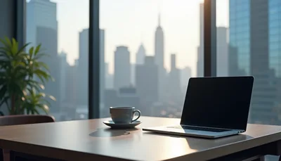 Laptop Coffee Cup City Skyline Desk