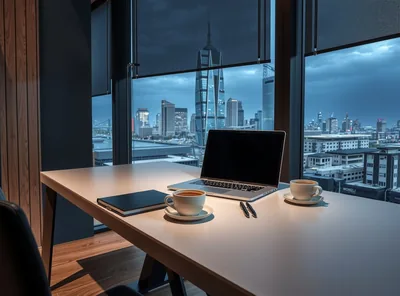 Laptop Coffee Desk Night City Skyline