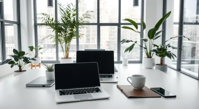 Laptops on White Desk with Plants