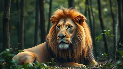 Lion Resting in Forest