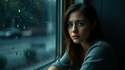 Lonely Woman Sitting by a Rainy Window