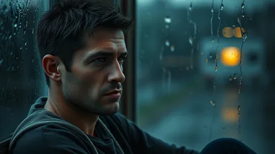 Man in Hoodie Staring Out Night Rainy Window