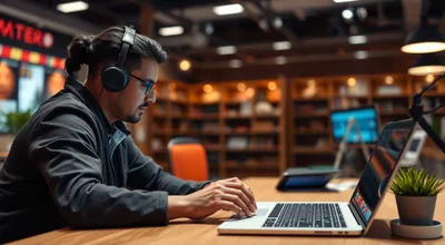 Man with Headphones Working Laptop Bookstore Cafe