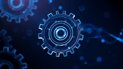 Modern AI Glass Gears with Dark Background Glacier