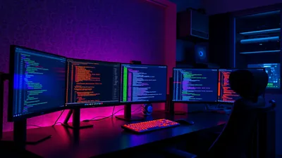 Multi Monitor Coding Setup Neon Glow