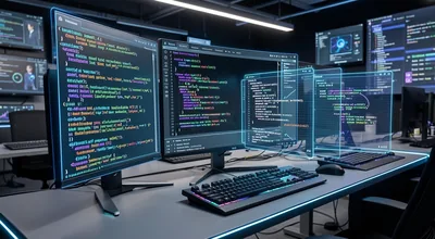 Multi Monitor Desk Glowing Code Screens
