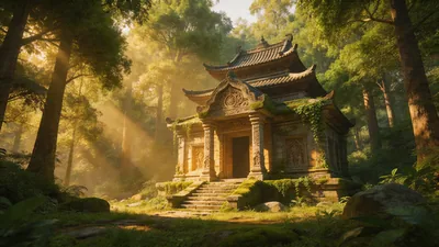 Old Temple in a Forest with Golden Light Canvas
