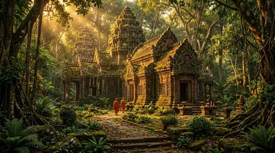 Old Temple in a Forest with Golden Light