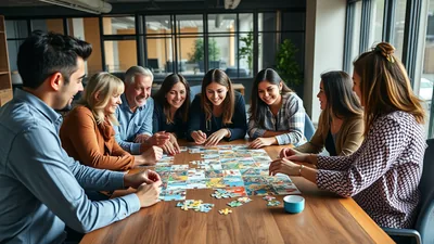 Older Team Assembling Mosaic Puzzle