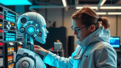 Robotics Engineer Coding a Humanoid Robot Tower