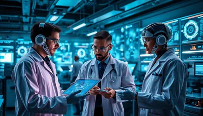 Scientists Examining Tablet with Robot