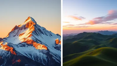 Split Photo Snow Peak and Green Hills