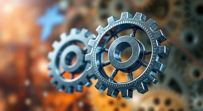 Steel Gears Meshing Blue Spark Orange Background
