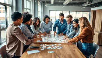 Team Assembling Colorful Puzzle by Window
